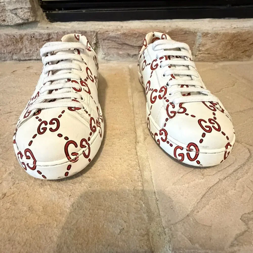 Gucci Ace GG Tennis Print Leather Sneakers White Red Green 8.5 Designer Luxe